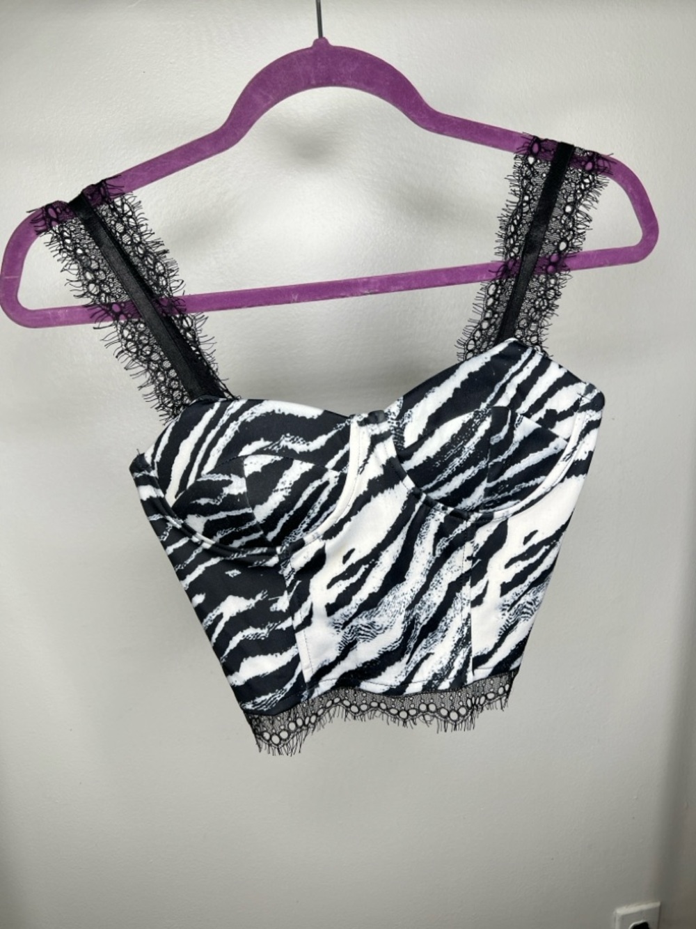 Zebra-Print Lace-Trim Crop Bustier Top - Black/White